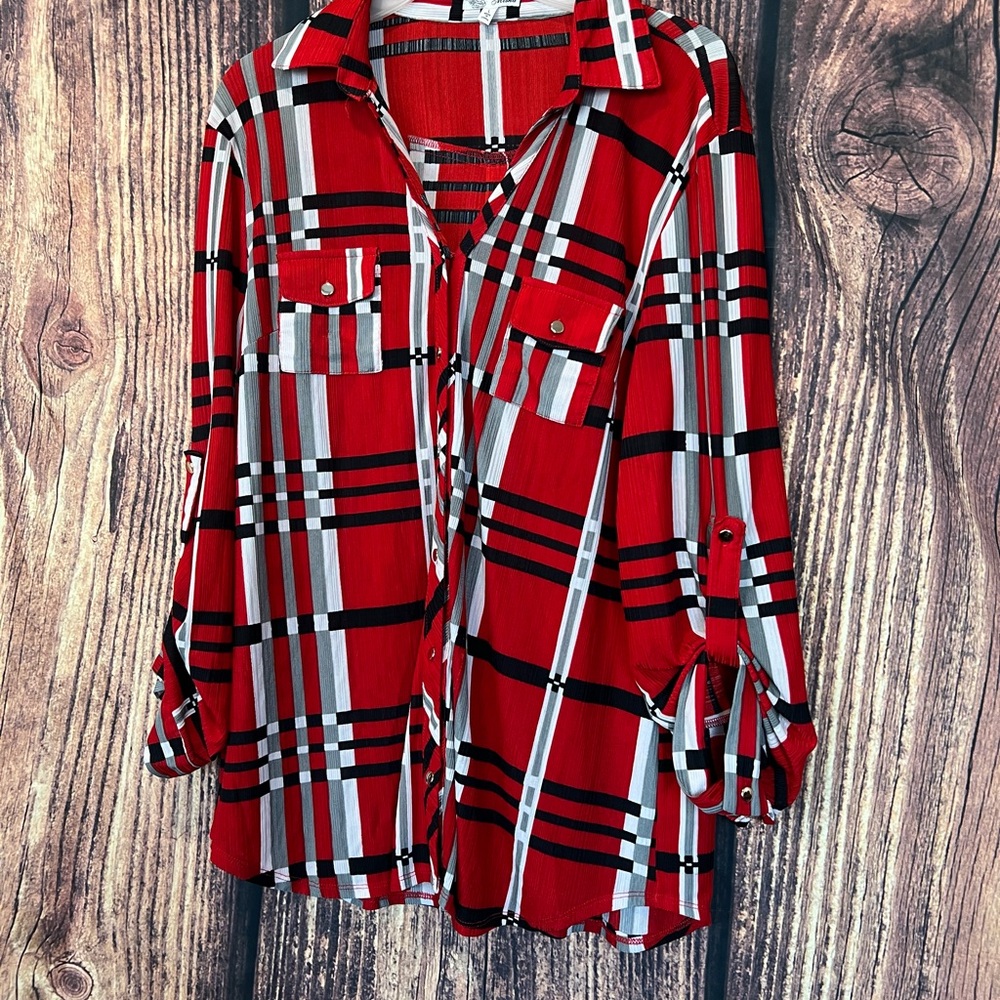 Red Plaid Button-Up Women's Top